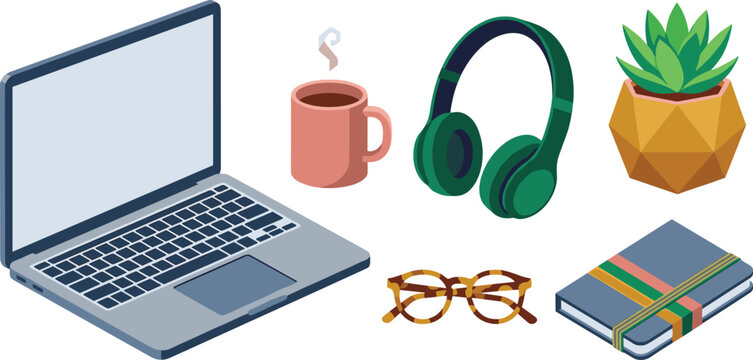 Isometric workspace element vector set with laptop coffee mug headphones geometric succulent pot glasses and notebook for remote work or home office design