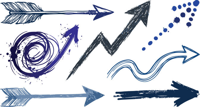 Hand drawn blue ink arrow vector set with grunge textures watercolor splashes native feathers sketchy spirals wavy lines and abstract rustic design pointers