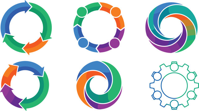 Colorful Circular Arrow and Gear Infographic Vector Icon Set with Twisted Loop Cycles and Process Charts for Corporate Business Logo Presentations