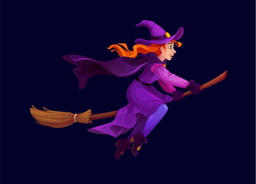Halloween cartoon flying witch creepy character game icon. Witchcraft spooky personage game asset, Halloween isolated vector creepy character. Horror redhead witch flying on broom