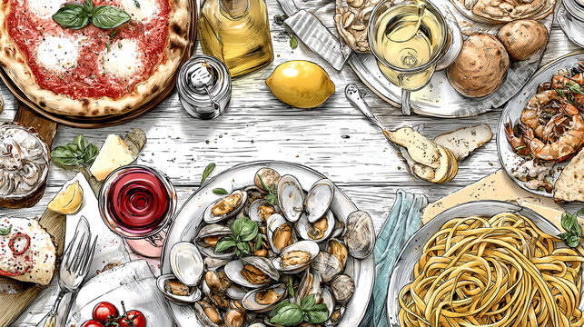 Hand drawn watercolor composition of italian cuisine and mediterranean dishes.