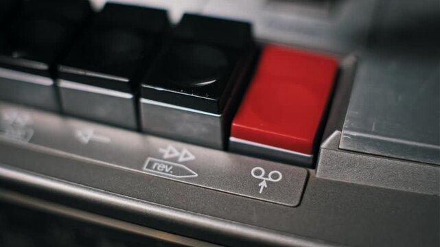 Detailed macro shot of a finger pressing the red rectangular record button on a vintage cassette player. The control panel features silver metal and black plastic keys.