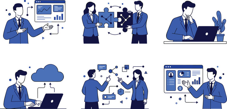 Business flat vector concept illustrations set with blue characters analyzing dashboards data cloud computing and solving puzzles