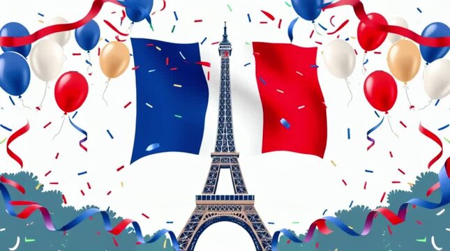 Festive French Celebration with Eiffel Tower, Balloons and Colorful Ribbons in Paris