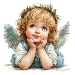 Fototapeta premium Christmas angel in watercolor style, clipart with feathered wings, watercolor illustration, muted colors, isolated on white background