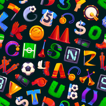 Soccer font european football type letters seamless pattern. Soccer typeface seamless print, sport game alphabet font pattern with jersey and shoes, scarf, drum and horn, winner cup, field and ball