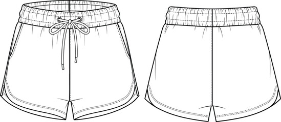 Fashion technical flat sketch of women's athletic dolphin shorts featuring an elasticated drawstring waistband, side pockets, curved hemline, and front and back view © MdAbdur