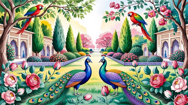 Illustration of a mughal garden with peacocks, parrots, plants, and trees, featuring a botanical landscape pattern. Mughal Garden. Illustration