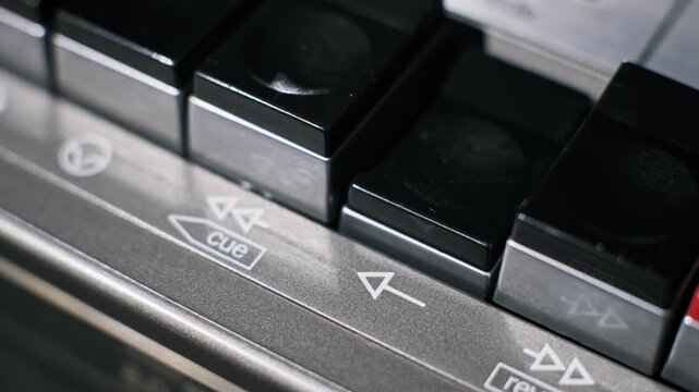 Macro shot of a finger pushing the play button on a vintage cassette deck. The close-up view shows the black plastic key with the play symbol being depressed.