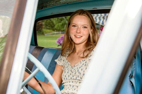 woman in truck