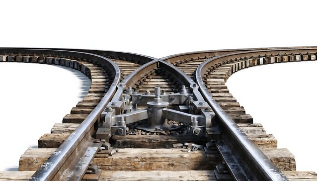 Railway switch with diverging railroad tracks realistic cut out White background with shadow. AI GENERATED.
