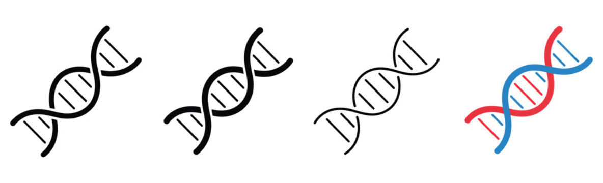 DNA Icons Featuring Genetic Helix Symbols in Flat, Outline, and Colored Vector Styles for Science, Medicine, and Biotechnology Applications