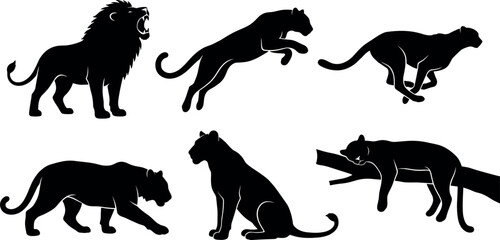 Black Wild Cats Silhouette Set with Roaring Lion Jumping Panther Running Cheetah Prowling Tiger and Sleeping Leopard for Logo Tattoo Mascot Graphics © MdImran