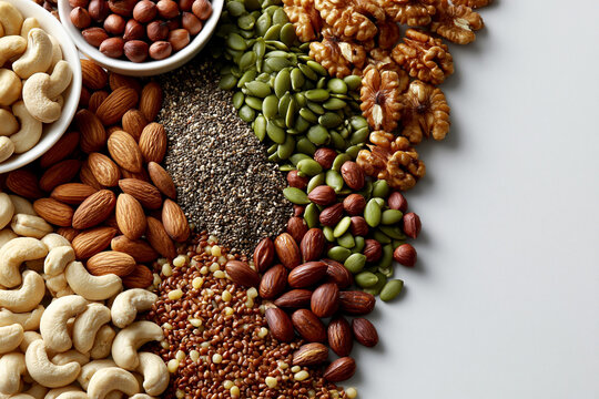 Collection of nuts and seeds on a white surface