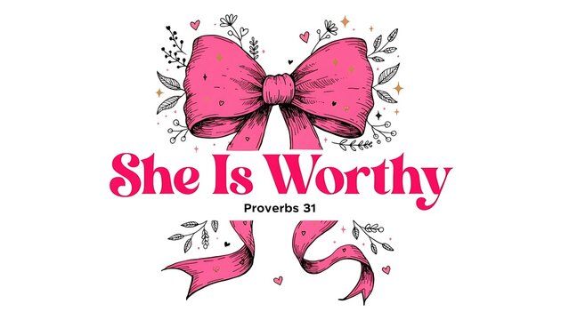 She is worthy Proverbs 31 Christian pink bow Valentine sublimation design cut out White background with shadow. AI GENERATED.