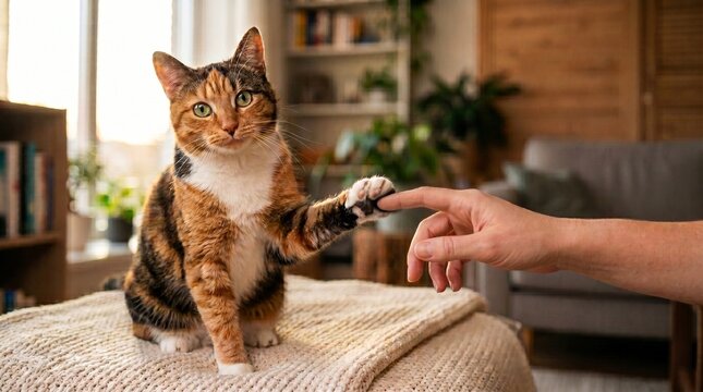 Gato tierno tocando suavemente mano humana