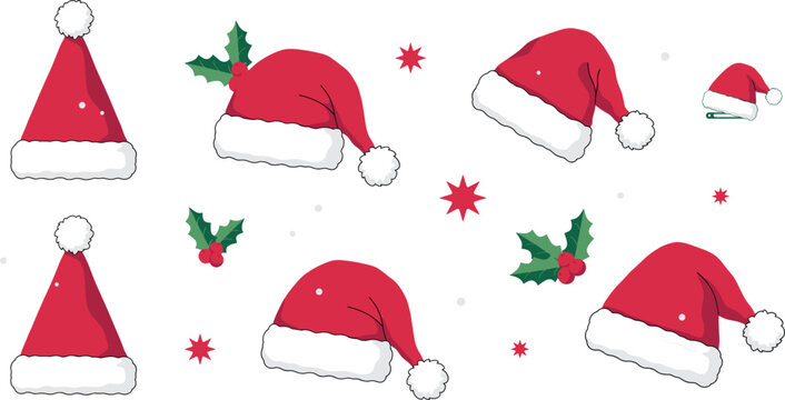 Christmas Santa Hat Vector Icon Set Featuring Red Velvet Caps with White Fluffy Trim Holly Berries and Festive Sparkle Elements