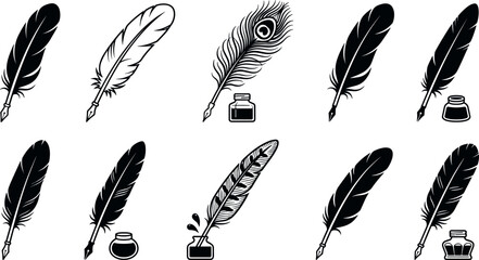 Vintage quill pen and inkwell vector icon set featuring retro feather writing instruments calligraphy tools peacock plumes and traditional stationary elements isolated on white background. © belal