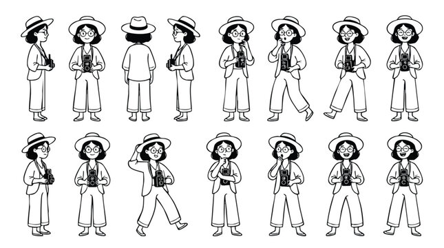 Female Photographer Character Sheet Vector Line Art Set