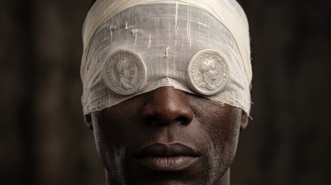 Hombre con venda de seda y monedas antiguas sobre los ojos