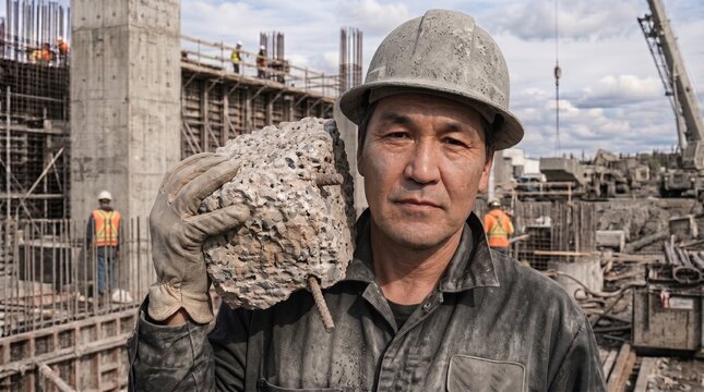 Trabajador de construcci&oacute;n cargando bloque de hormig&oacute;n armado
