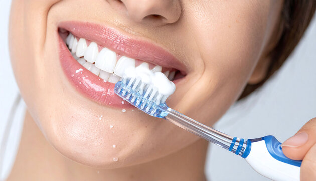 Closeup of a young woman smiling while brushing her perfectly white teeth with foaming toothpaste. Ideal concept for dental hygiene, oral care, and fresh morning beauty routines.
