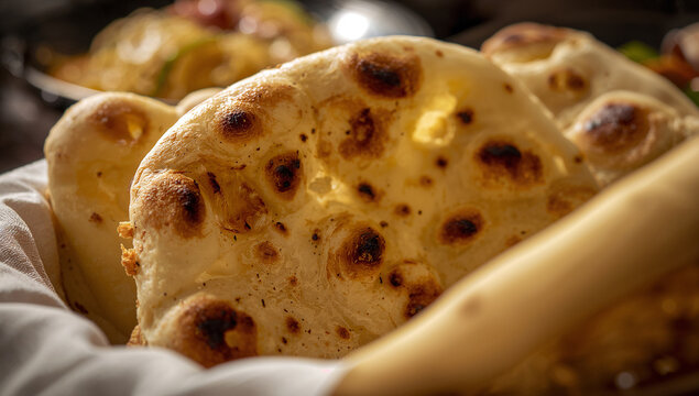 Close-up of indian naan bread in a basket with baked goods ethnic food side dish golden brown food and drink food photography baked item oven baked flatbread restaurant traditional close-up