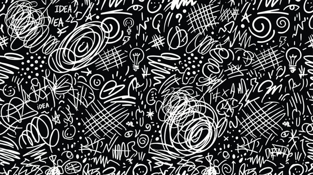 Seamless pattern with white hand drawn light bulbs, scribbles, arrows, and question marks on a black background, brainstorming concept wallpaper texture