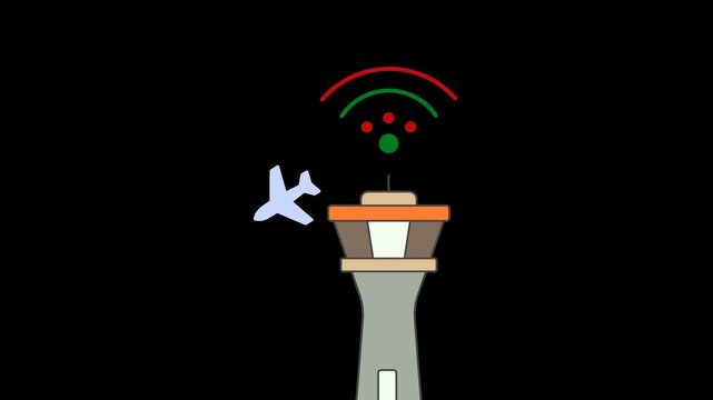 Air traffic control tower sending wireless signal to airplane flight airport