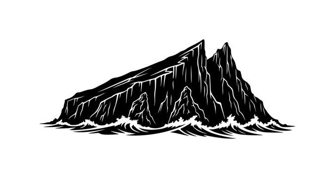 Black and white mountain wave vector, ocean cliff illustration, monochrome landscape icon, rocky shoreline graphic