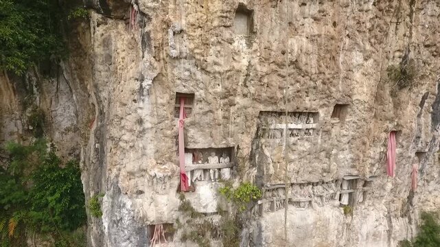 Drone View of Lemo Cliff Burial Site in Tana Toraja South Sulawesi