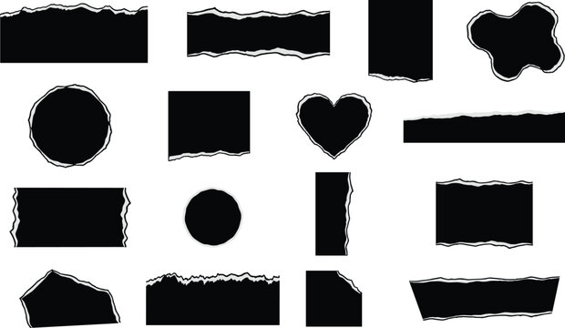 Set of various torn paper edges, ripped paper frames, and irregular black shapes with rough textures, isolated on a white background, for scrapbooking and