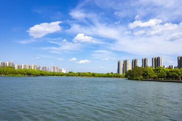 Urban lakeside landscape with city skyline and blue sky © LamQuang