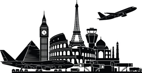 Naklejka premium Global Travel Landmarks and International Airport Skyline Silhouette Vector Illustration DesignGlobal Travel Landmarks and International Airport Skyline Silhouette Vector Illustration Design