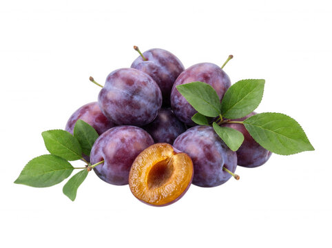 Ripe purple plums with green leaves isolated on transparent... isolated on a transparent background