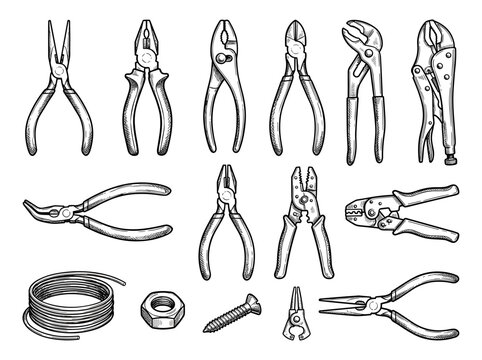 Hand drawn plier tool icon set and hardware sketch, isolated on white background, for repair and diy concept
