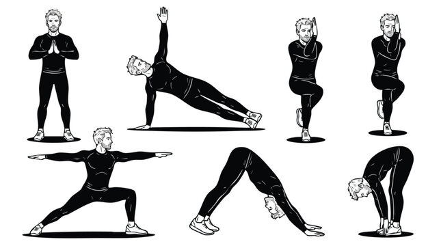 Vector illustration set of a man performing various yoga poses