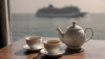 Fototapeta premium Two cups of tea and a ceramic teapot on a wooden table with a blurred cruise ship sailing on the sea in the background