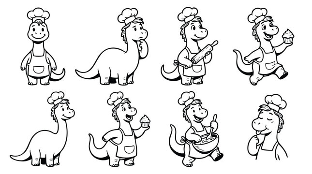 Cute Dinosaur Chef Line Art Character Set for Kids Coloring