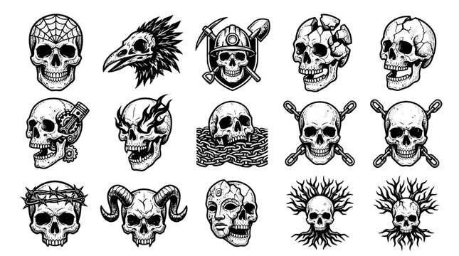 Collection of Various Skull Illustrations.