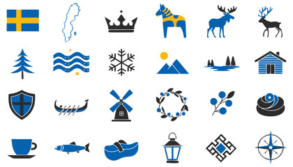 Swedish cultural icons in a grid with flag map crown Dala horse moose reindeer fir tree waves snowflake © Lamisa