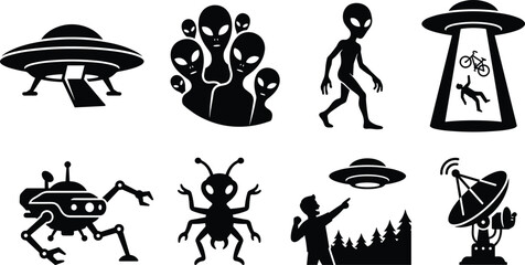Alien and UFO black silhouette icon set featuring spaceships extraterrestrial creatures abduction and radar equipment © Abdul