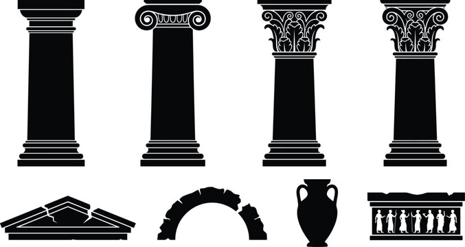 Ancient Greek and Roman architectural elements silhouette set featuring classic columns capitals pediment arch and amphora vase