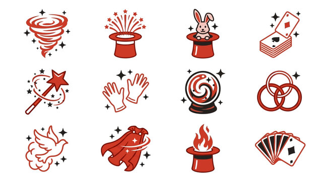 Magic tricks and illusions icons.