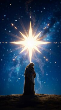 Woman holding baby under a bright star in the night sky. Nativity scene with mother and child. Religious holiday concept representing faith and divine light. Vertical video