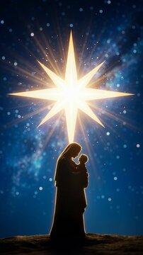 Silhouette of a woman holding a baby under a bright glowing star in starry night. Nativity religious scene. Christian holiday Christmas divine miracle concept. Vertical video