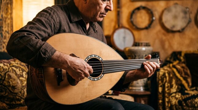 Man playing traditional stringed musical instrument.