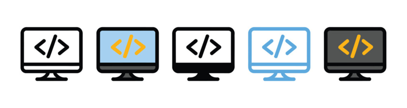 Coding monitor icon set in outline, solid, and colored styles featuring computer programming symbols, vector illustration for software development, web coding, developer workspace, programming interfa