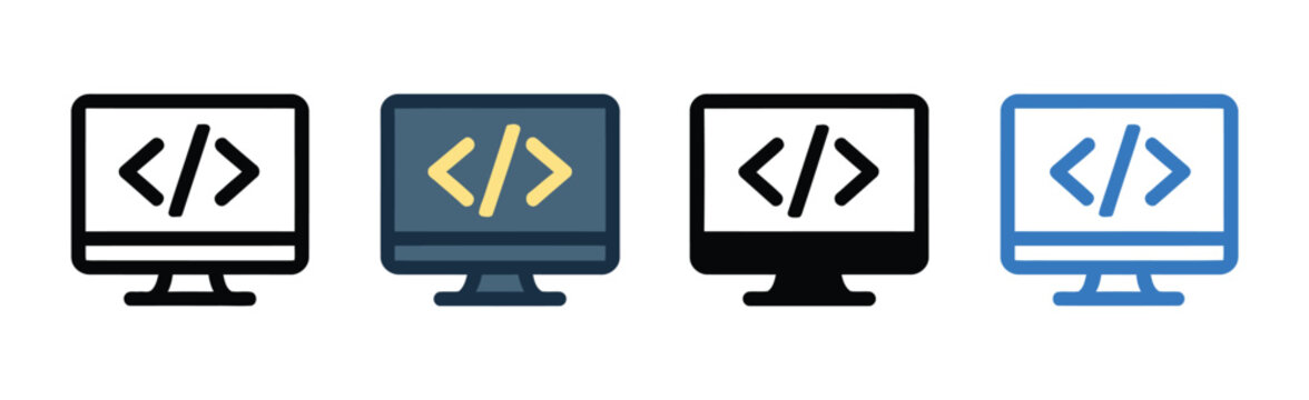 Coding monitor icon set in outline, solid, and colored styles featuring computer programming symbols, vector illustration for software development, web coding, developer workspace, programming interfa