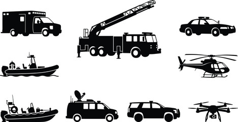 Emergency and first responder rescue vehicles silhouette icon set including fire truck police car and ambulance © Abdul